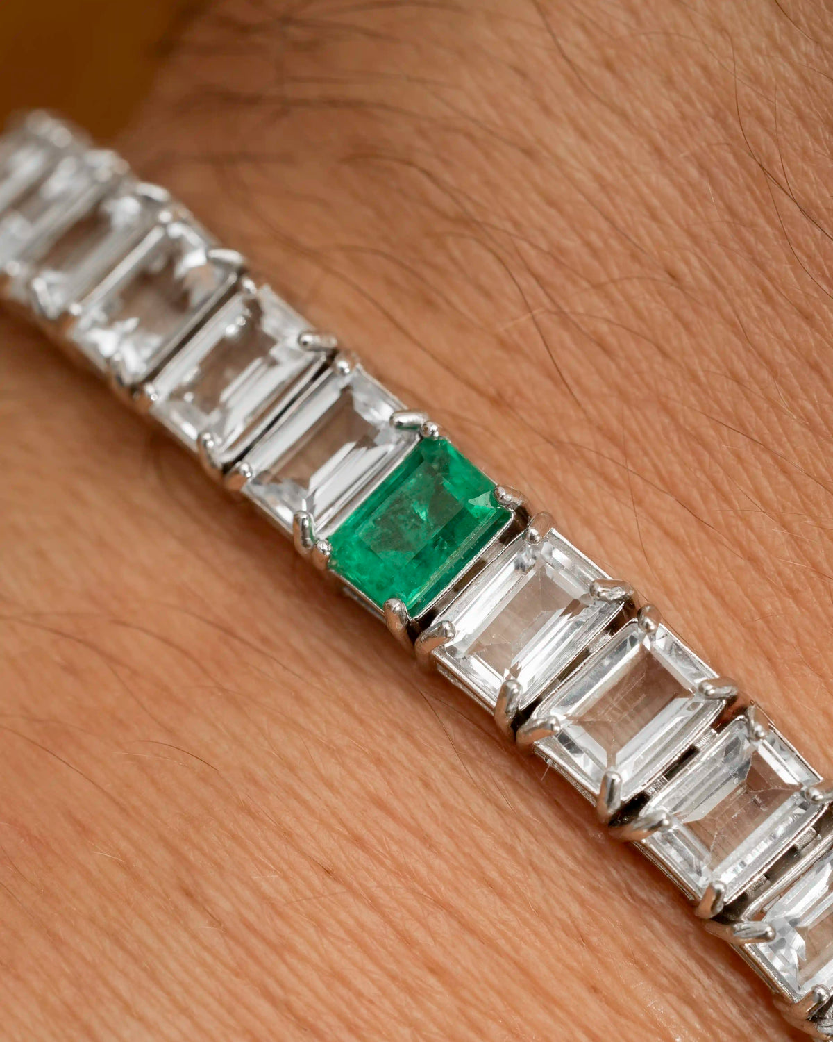 Emerald + White Topaz Rectangular Tennis Bracelet 4x6mm – view 7