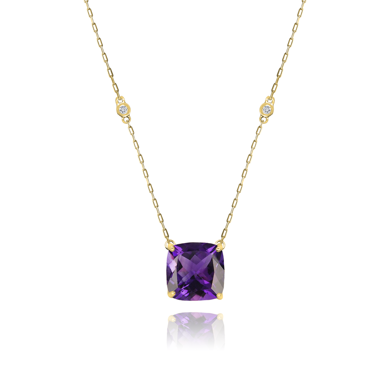 Amethyst Cushion + 2 Diamonds Necklace in yellow gold-plated silver or 18k gold