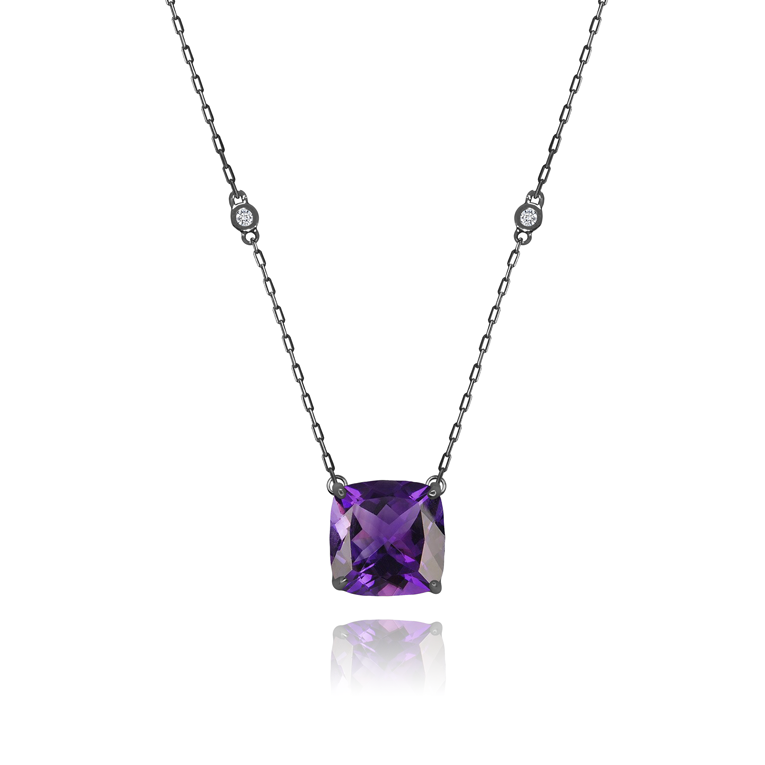 Amethyst Cushion + 2 Diamonds Necklace in black rhodium-plated silver