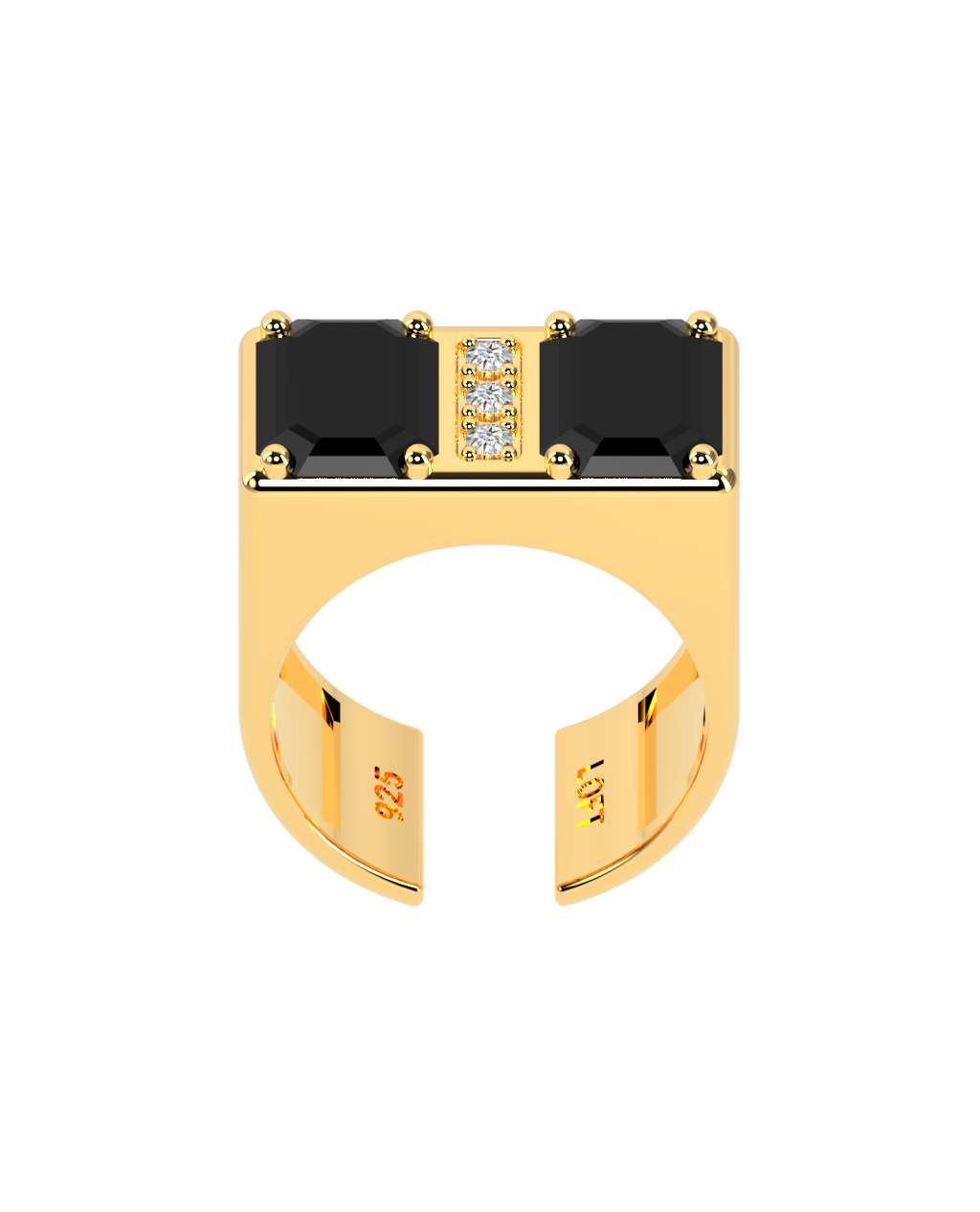 Double Ring – Onyx + 3 Diamonds in yellow gold-plated silver