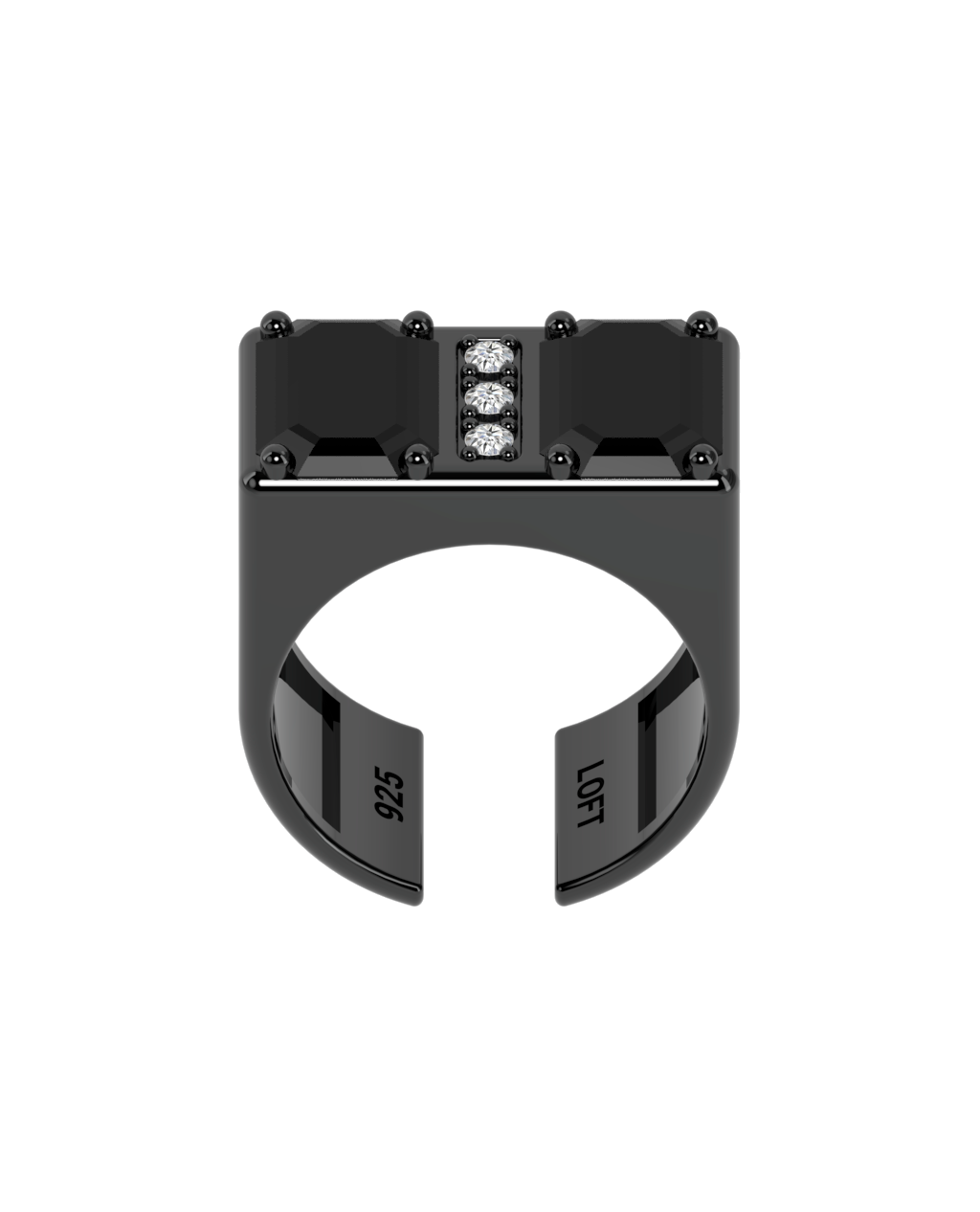 Double Ring – Onyx + 3 Diamonds in black rhodium-plated silver