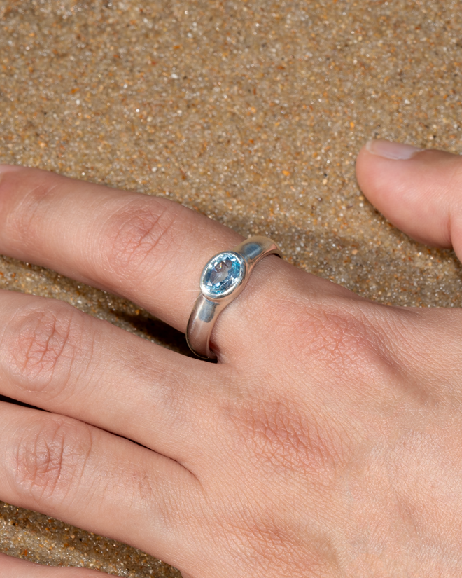 Deep Ring – Sky Blue Topaz – worn by a model – view 8