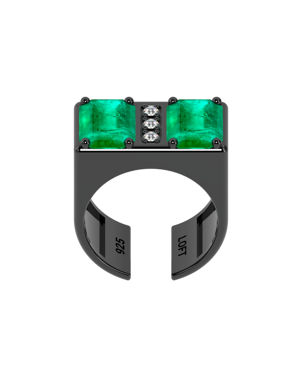 Double Ring – Emerald + 3 Diamonds in black rhodium-plated silver