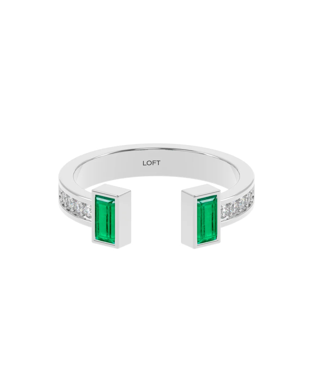 Ritz Ring – Emerald + Diamonds in a white finish (sterling silver or 18k white gold)