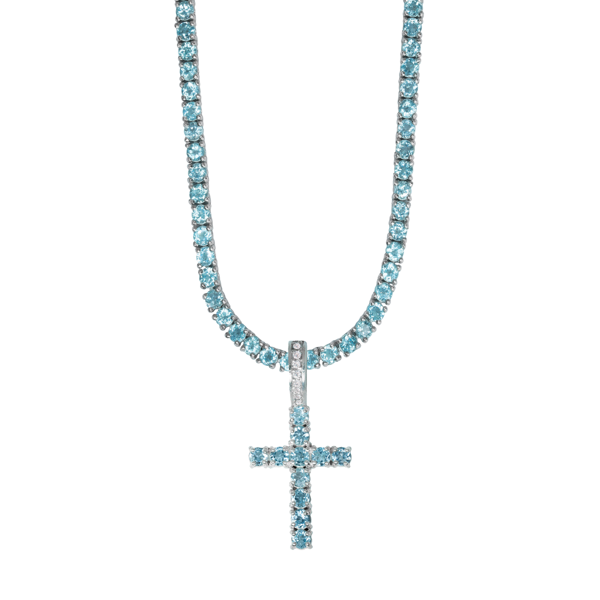 Sky Blue Topaz Tennis Necklace + Cross in white rhodium-plated silver
