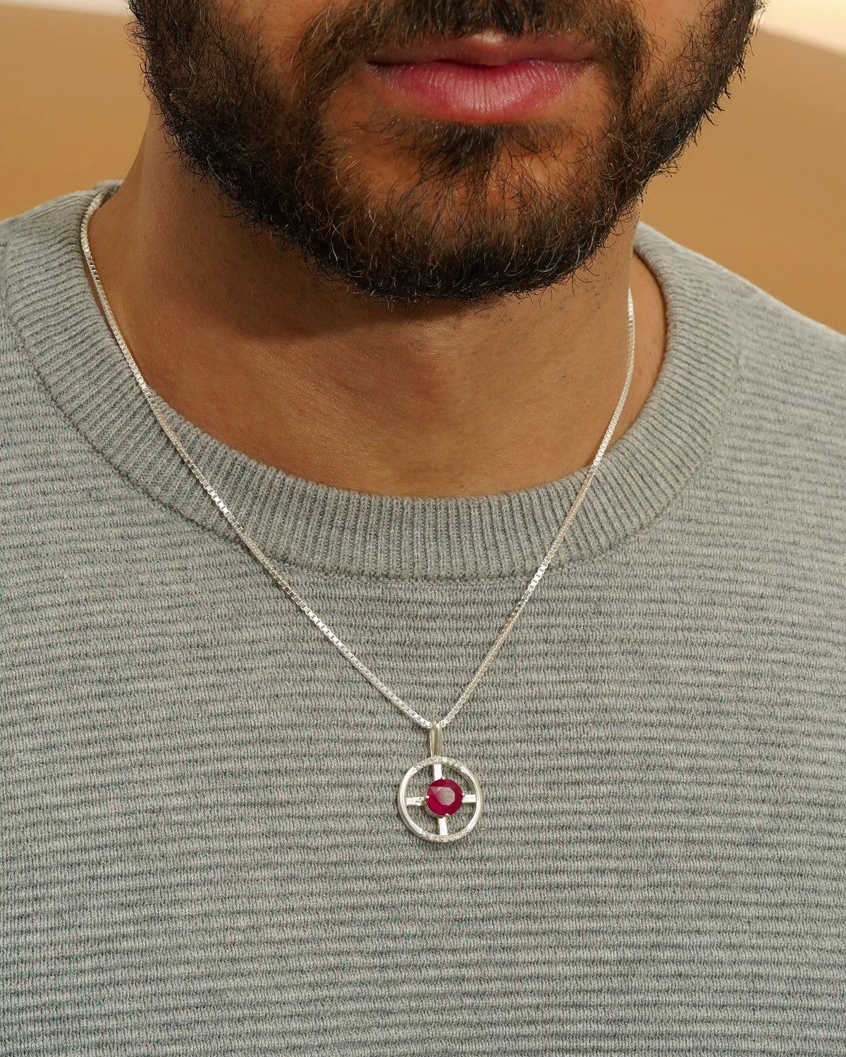 Arc Necklace – Ruby + Diamonds – worn by a model