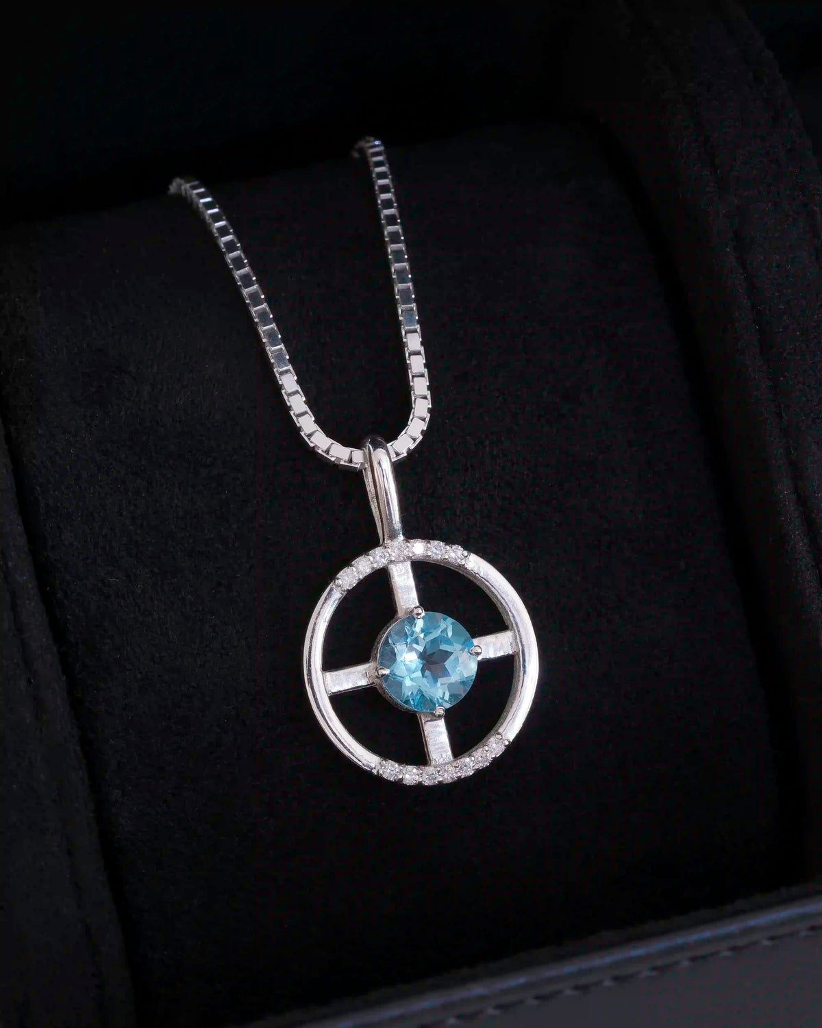 Arc Pendant – Sky Blue Topaz + Diamonds – in its jewelry case