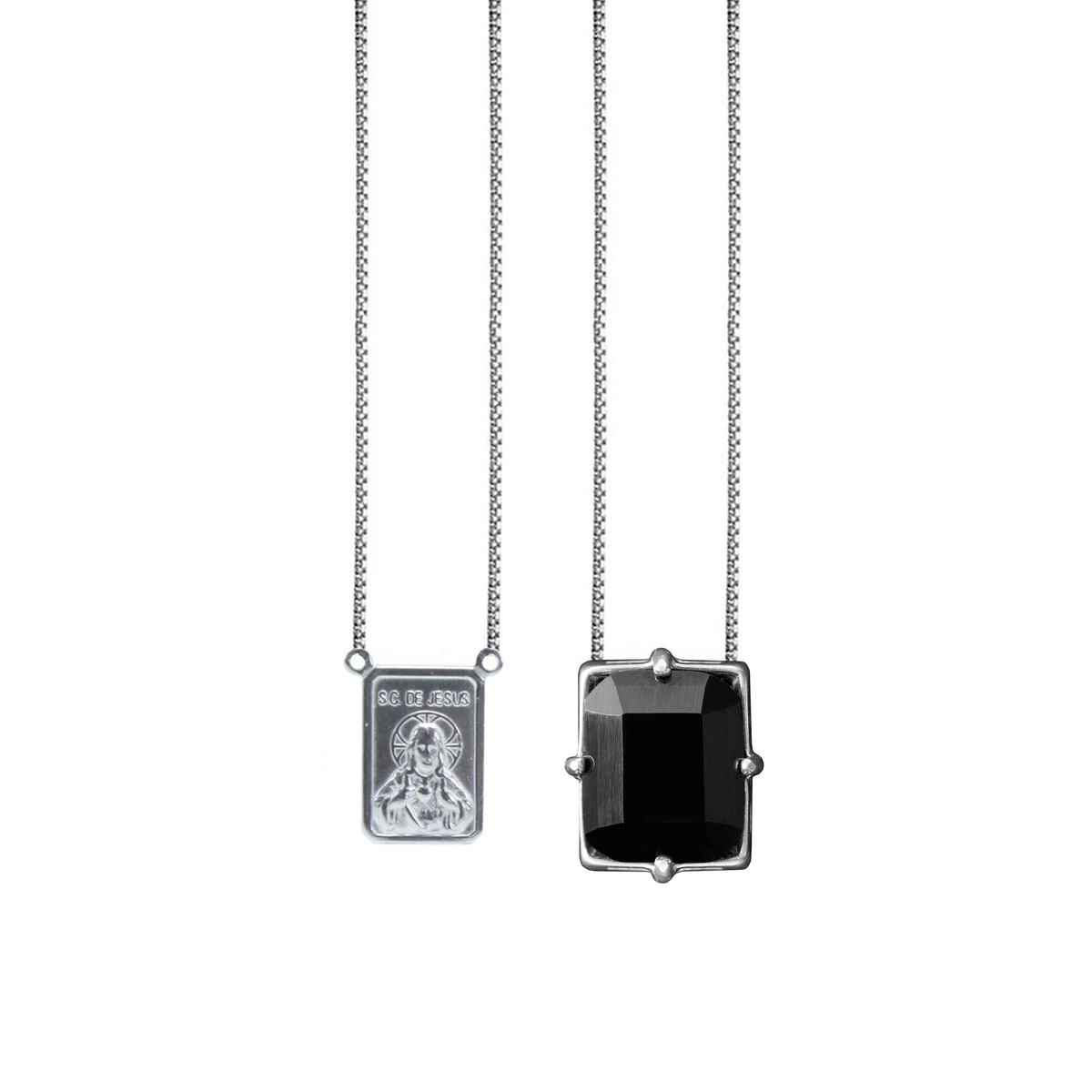 Black Onyx Scapular Necklace in a white finish (sterling silver or 18k white gold)
