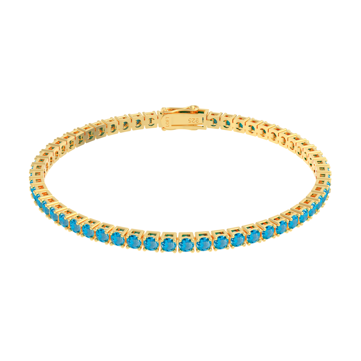 Swiss Blue Topaz Tennis Bracelet 3mm in yellow gold-plated silver or 18k gold