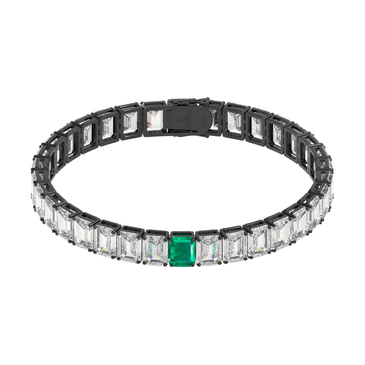 Emerald + White Topaz Rectangular Tennis Bracelet 4x6mm in black rhodium-plated silver