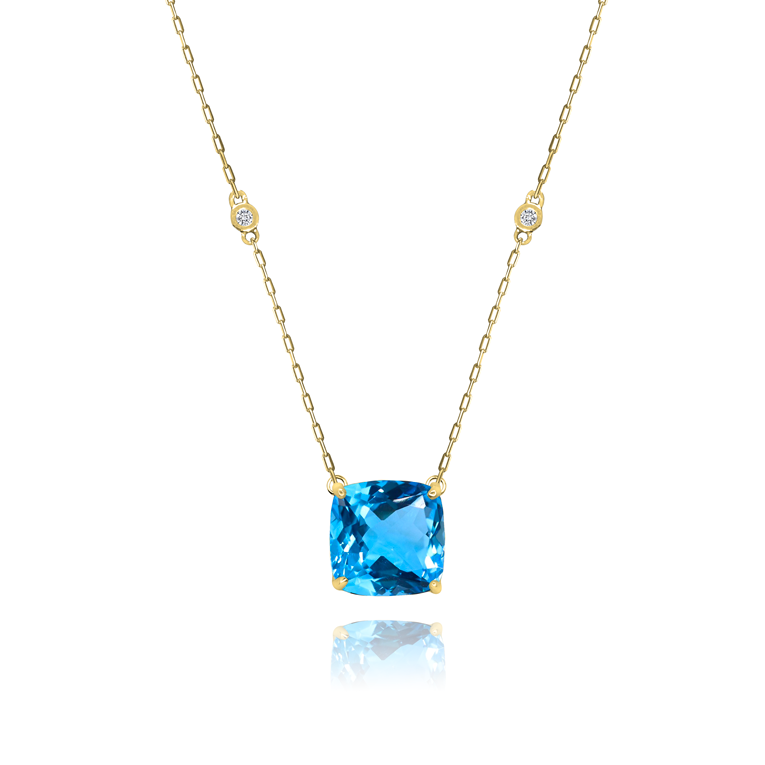 Swiss Blue Topaz Cushion + 2 Diamonds Necklace in yellow gold-plated silver or 18k gold