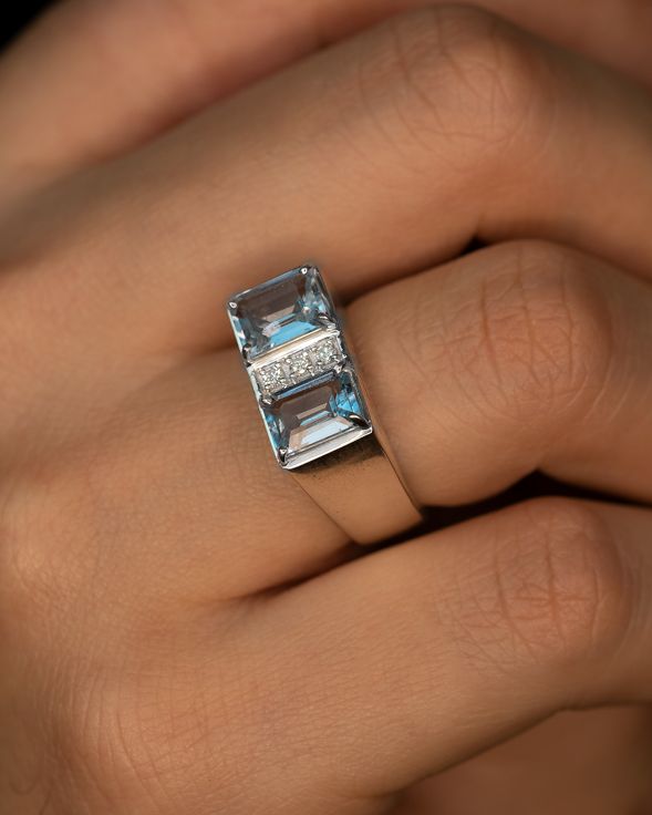 Double Ring – Sky Blue Topaz + 3 Diamonds – view 4