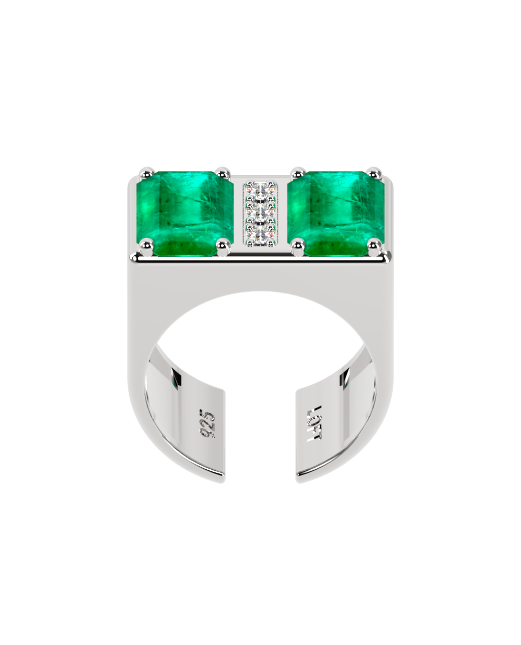 Double Ring – Emerald + 3 Diamonds in white rhodium-plated silver