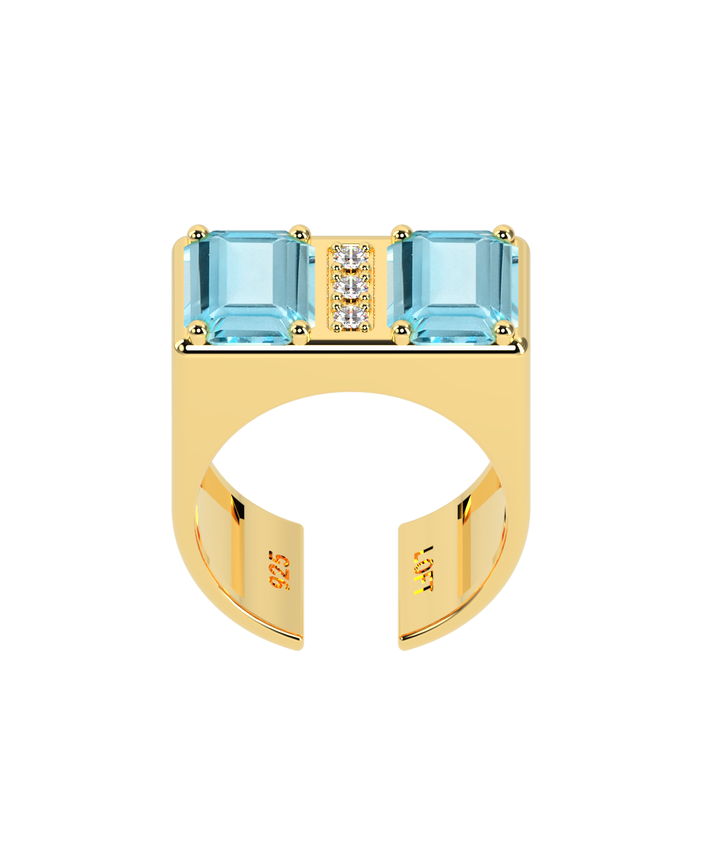 Double Ring – Sky Blue Topaz + 3 Diamonds in yellow gold-plated silver