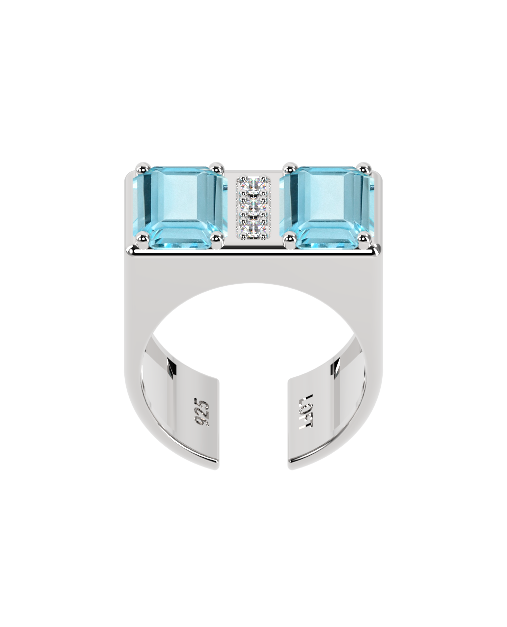 Double Ring – Sky Blue Topaz + 3 Diamonds in 925 sterling silver or white rhodium-plated silver