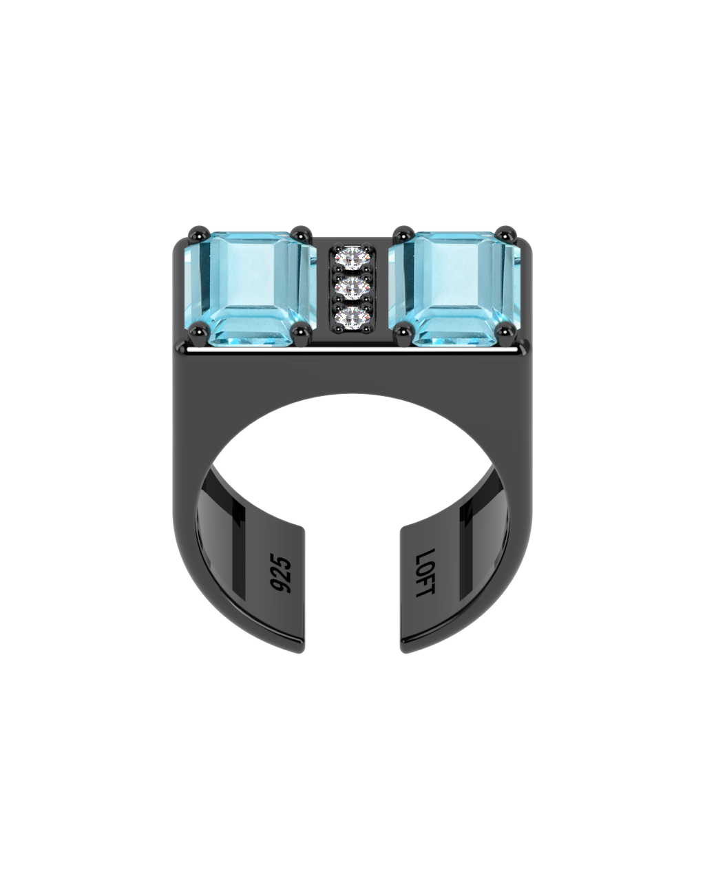 Double Ring – Sky Blue Topaz + 3 Diamonds in black rhodium-plated silver