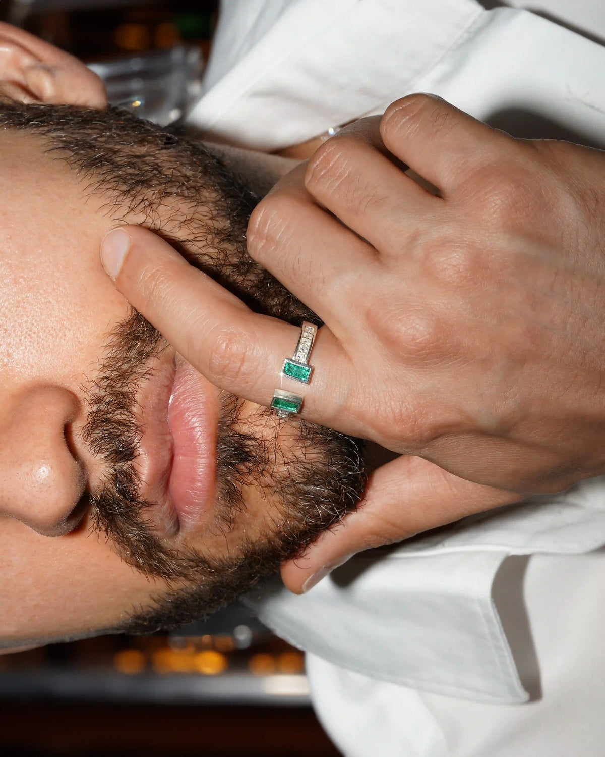 Ritz Ring – Emerald + Diamonds – worn by a model