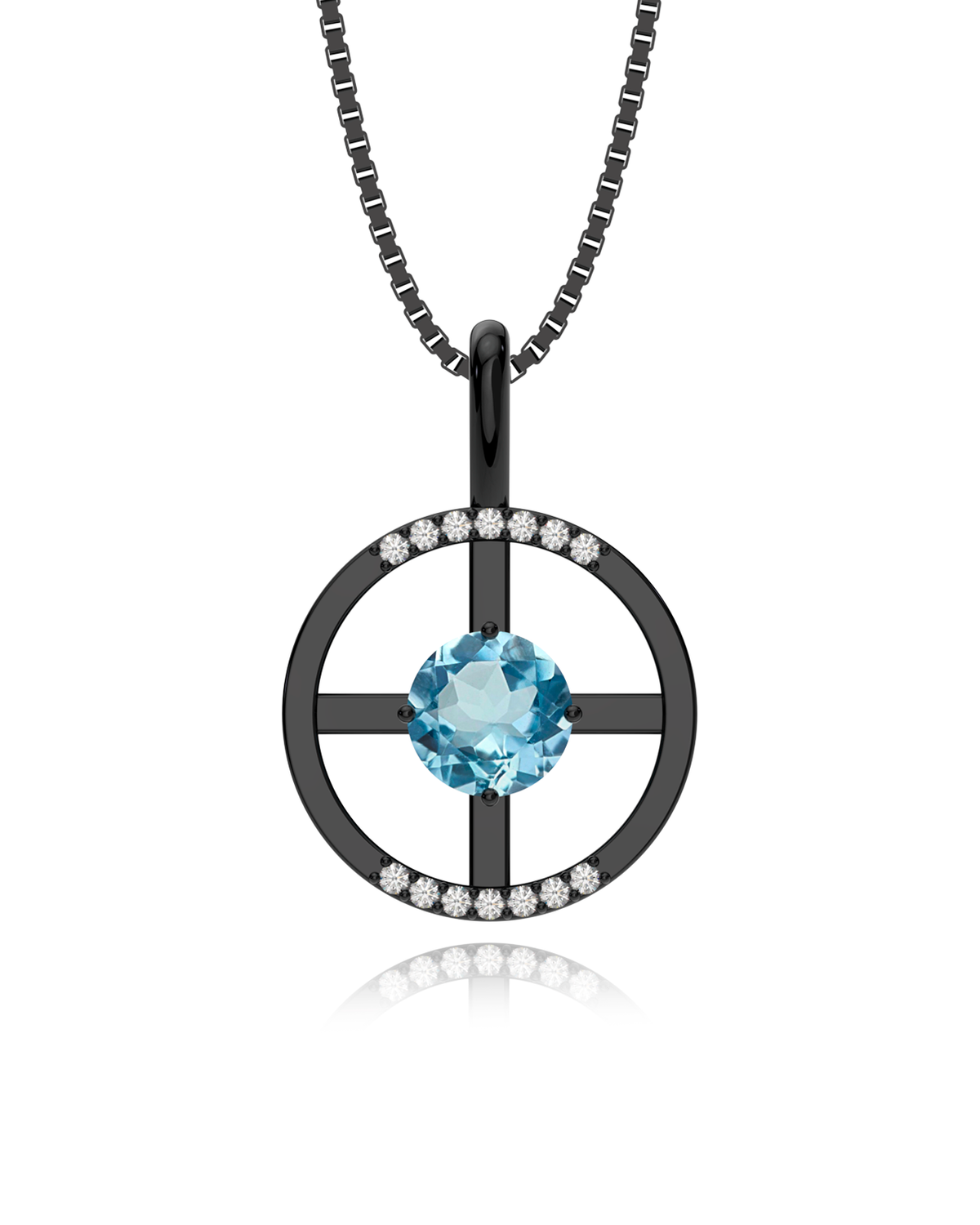 Arc Necklace – Sky Blue Topaz + Diamonds in black rhodium-plated silver