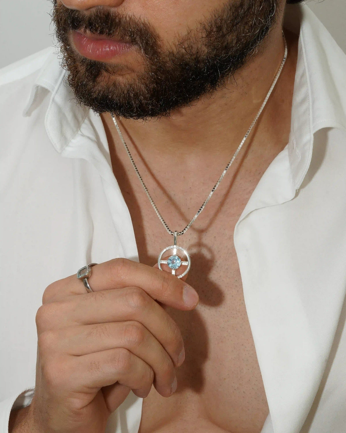 Arc Necklace – Sky Blue Topaz + Diamonds – worn by a model