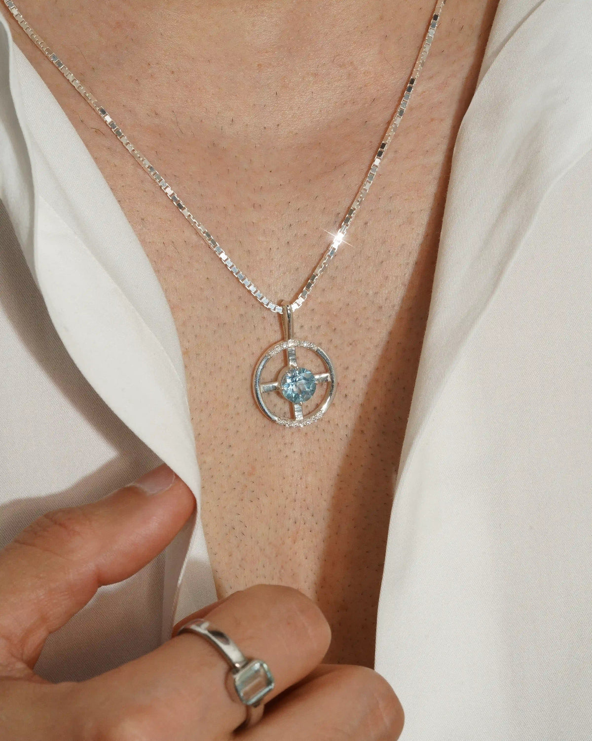 Arc Necklace – Sky Blue Topaz + Diamonds – worn by a model – view 6