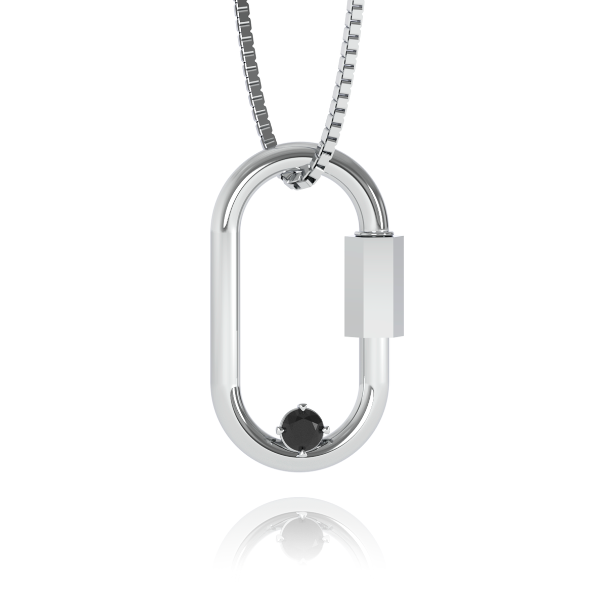 Carabiner Necklace – Black Diamond in a white finish (sterling silver or 18k white gold)