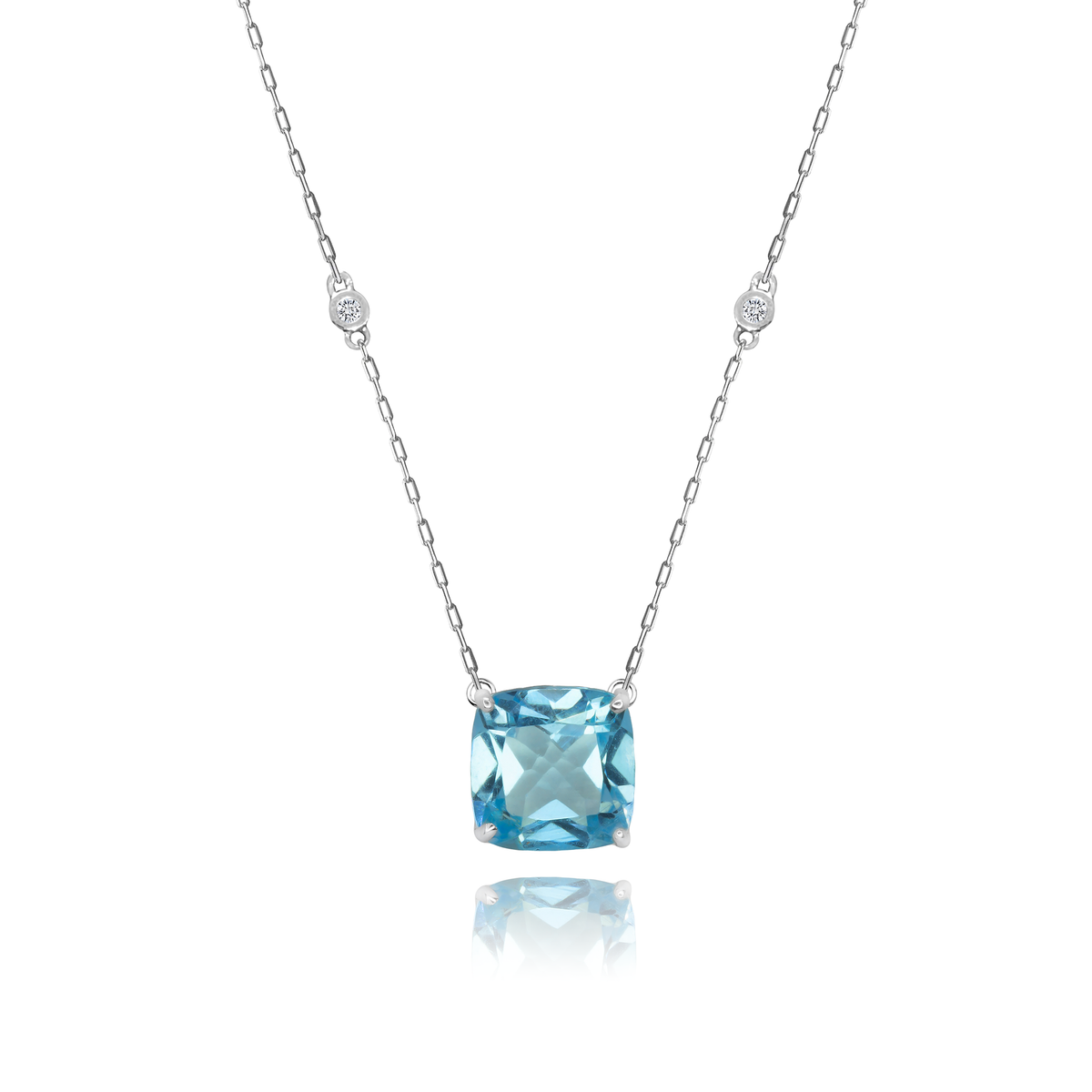 Sky Blue Topaz Cushion + 2 Diamonds Necklace in 925 sterling silver