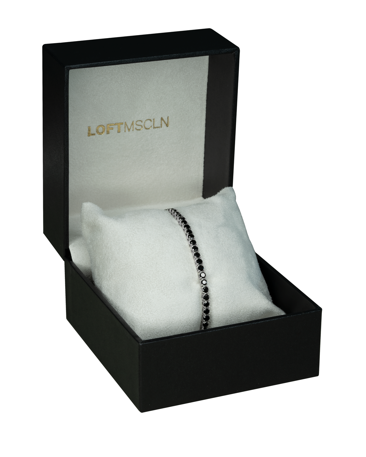 Black Spinel Tennis Bracelet 3mm in its Loft Masculino black leather jewelry case
