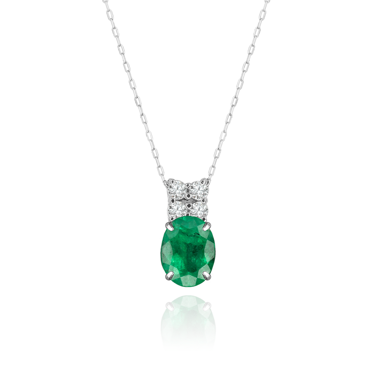 Emerald + 4 Diamonds Necklace in a white finish (sterling silver or 18k white gold)
