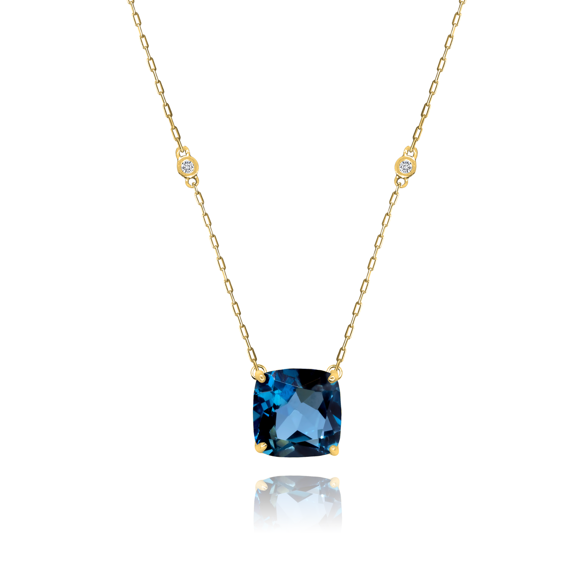 London Blue Topaz Cushion + 2 Diamonds Necklace in yellow gold-plated silver or 18k gold