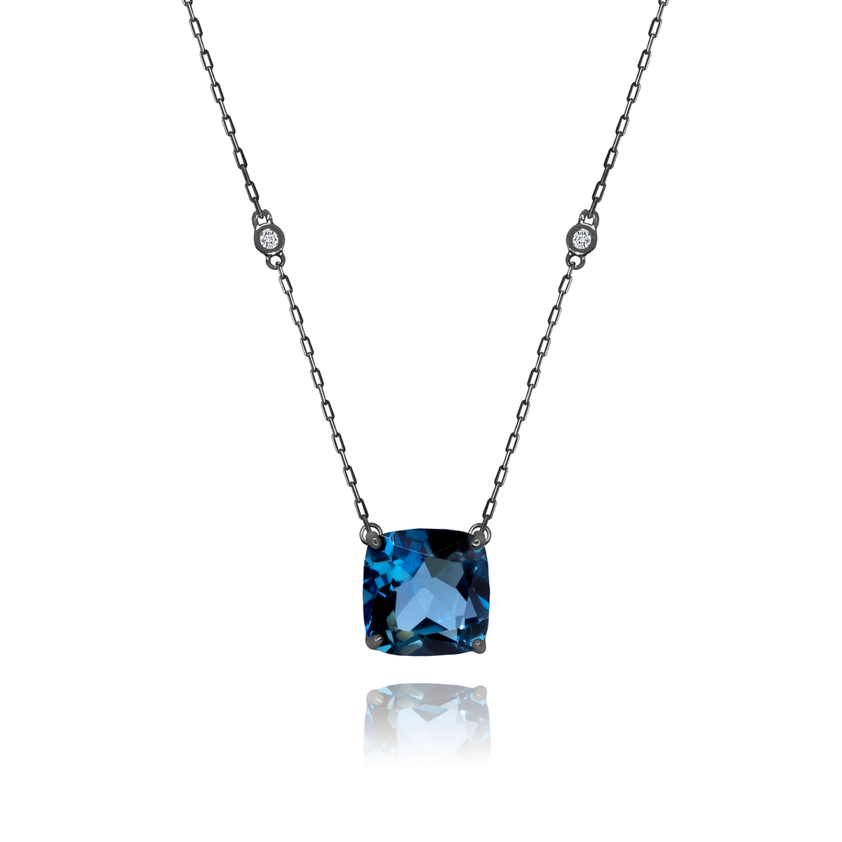 London Blue Topaz Cushion + 2 Diamonds Necklace in black rhodium-plated silver
