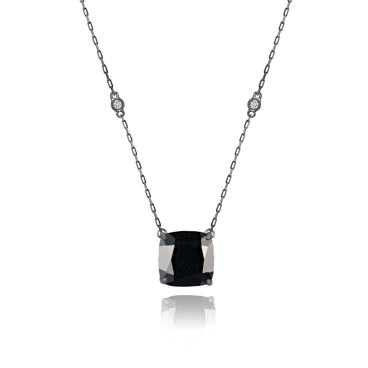 Black Onyx Cushion + 2 Diamonds Necklace in black rhodium-plated silver