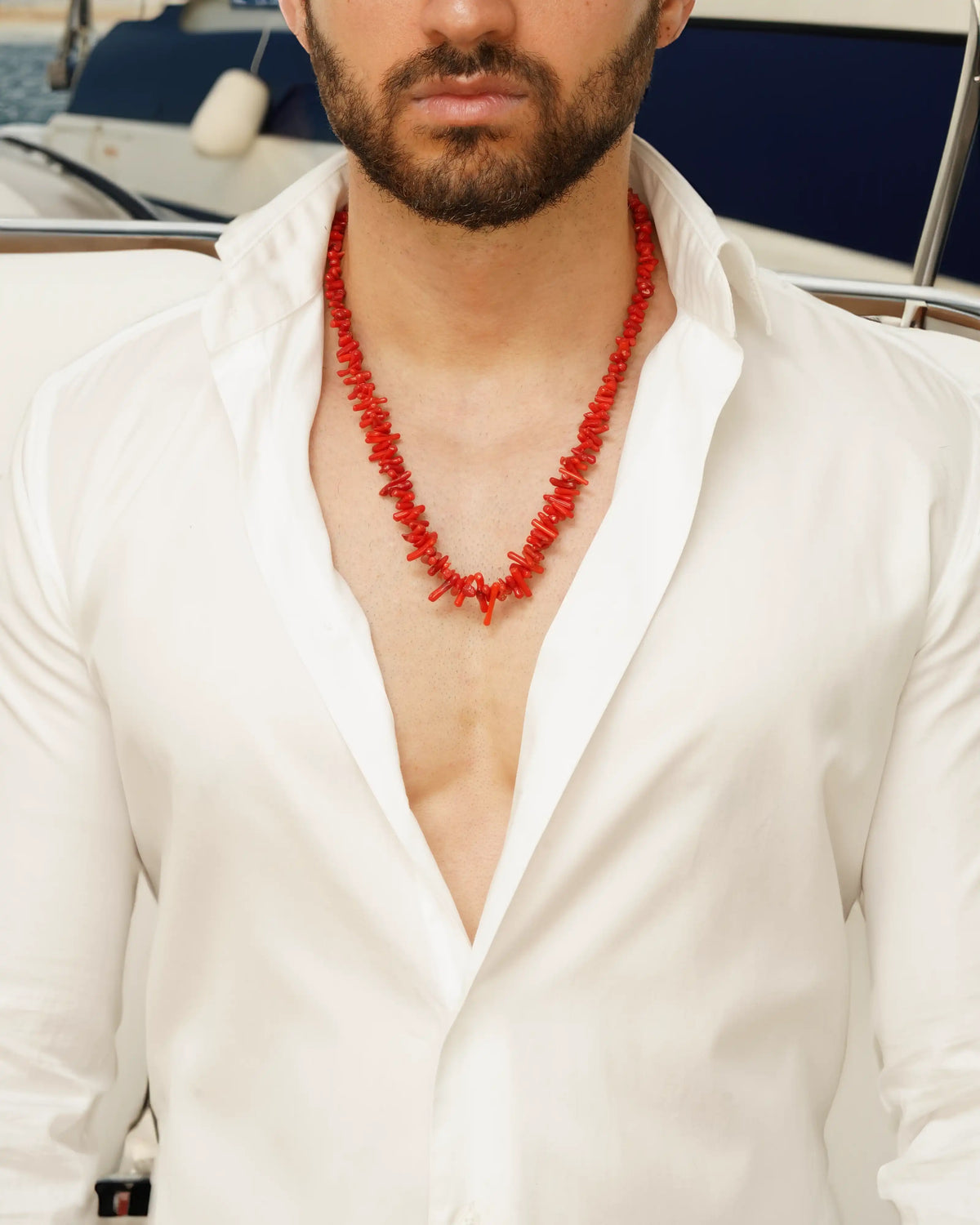 Triton Necklace – Red Coral – worn by a model