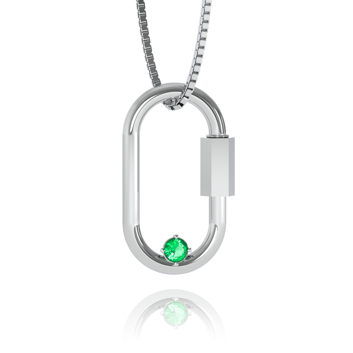 Carabiner Necklace – Emerald in a white finish (sterling silver or 18k white gold)
