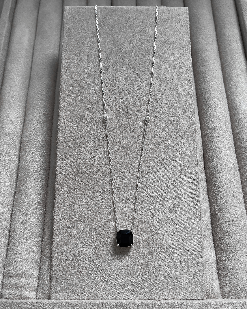 Black Onyx Cushion + 2 Diamonds Necklace – on display