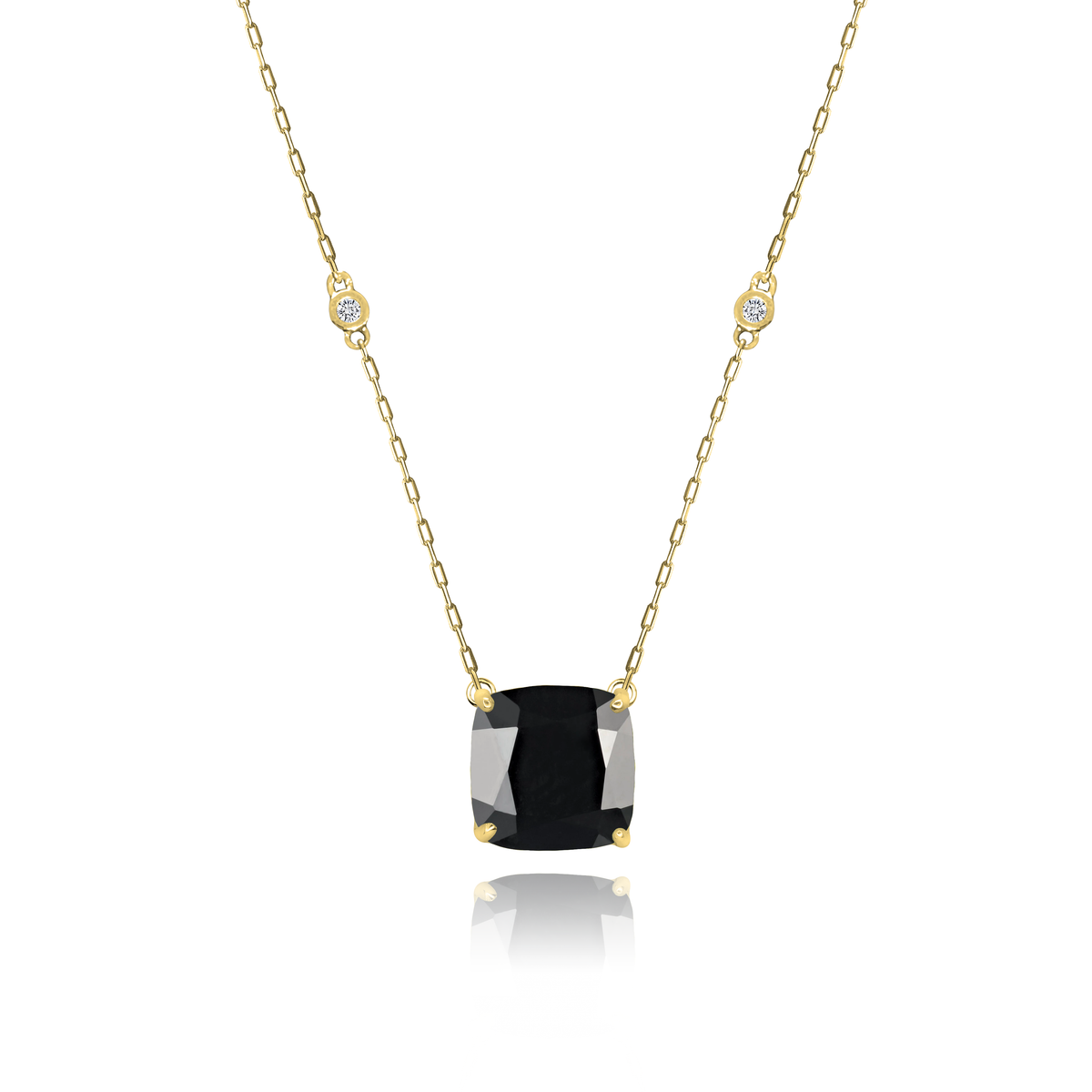 Black Onyx Cushion + 2 Diamonds Necklace in yellow gold-plated silver or 18k gold