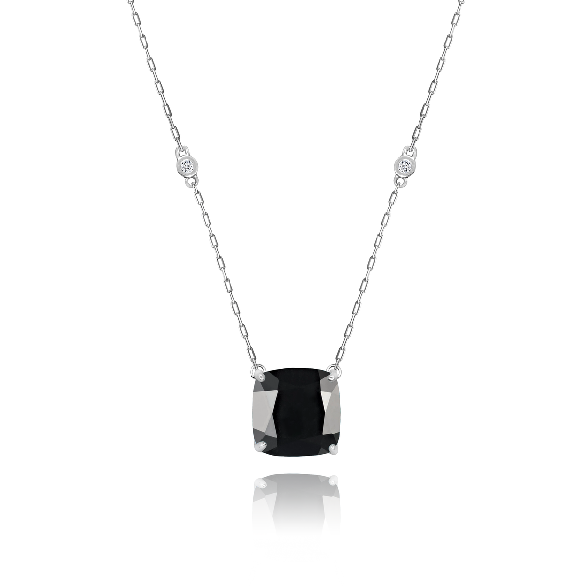 Black Onyx Cushion + 2 Diamonds Necklace in a white finish (sterling silver or 18k white gold)