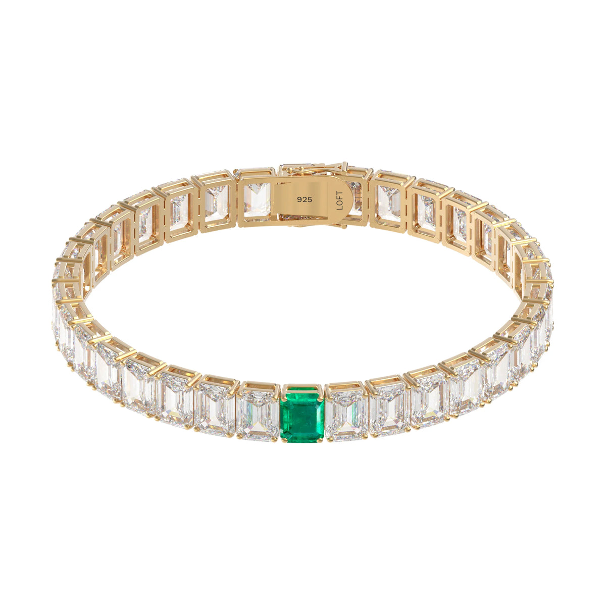 Emerald + White Topaz Rectangular Tennis Bracelet 4x6mm in yellow gold-plated silver