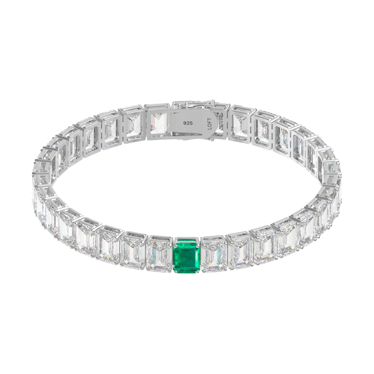 Emerald + White Topaz Rectangular Tennis Bracelet 4x6mm in white rhodium-plated silver