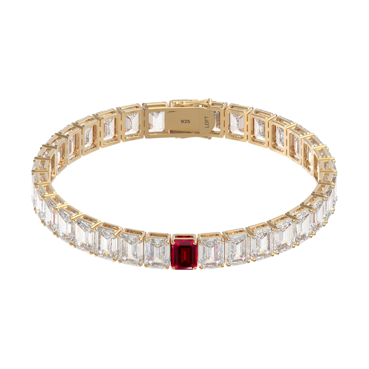 Ruby + White Topaz Rectangular Tennis Bracelet 4x6mm in yellow gold-plated silver
