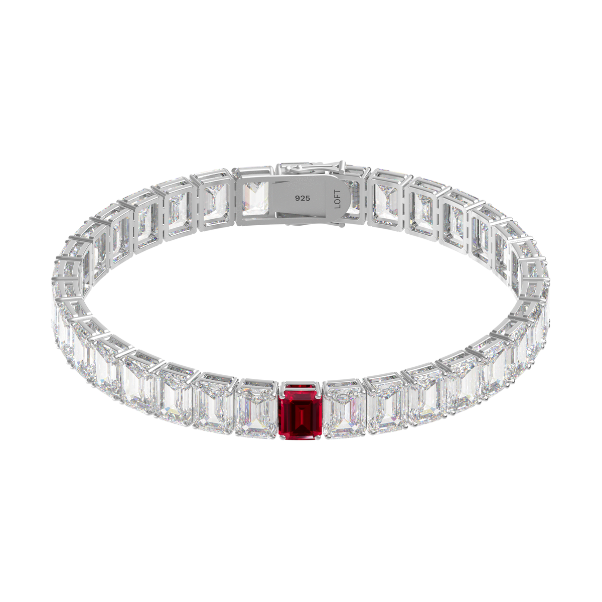 Ruby + White Topaz Rectangular Tennis Bracelet 4x6mm in white rhodium-plated silver