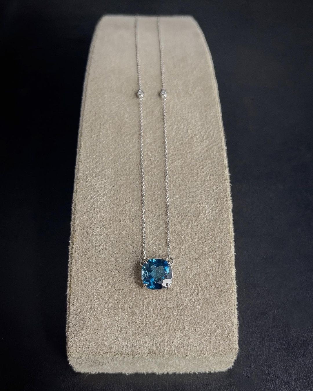 London Blue Topaz Cushion + 2 Diamonds Necklace – view 6