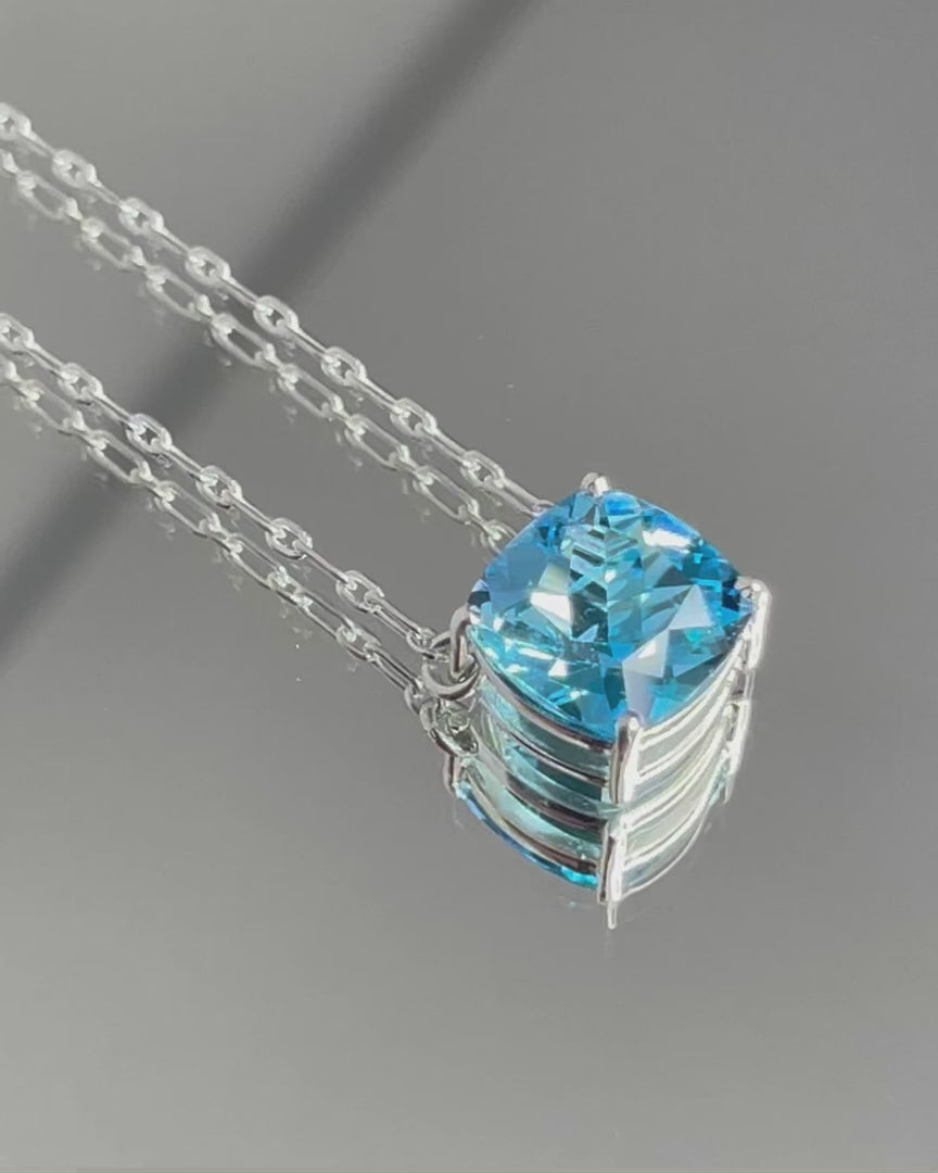 Swiss Blue Topaz Cushion + 2 Diamonds Necklace – video 1
